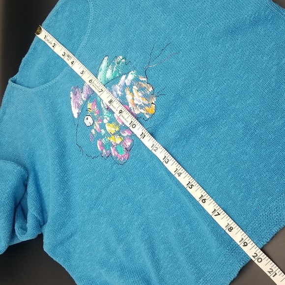 Large Aqua Blue Handpainted Fish Long Sleeve Light Knit Cotton Sweater - Picture 8 of 9